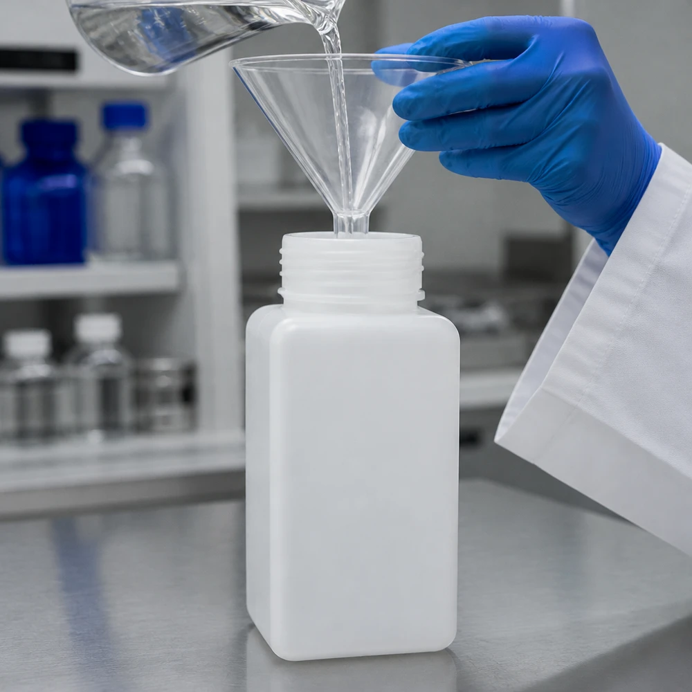 Flacon à produits chimiques 1500 ml à col large, PEHD couleur naturelle, avec bouchon à vis GL 65 Bouteille à col large en PE-HD de 1 500 ml, dotée d'une large ouverture facilitant le remplissage dans un laboratoire de chimie