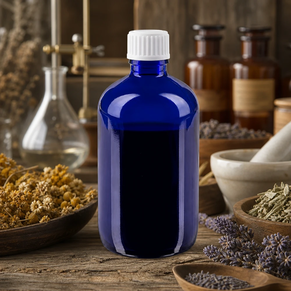 Flacon de pharmacie bleu 100ml bouchon compte-gouttes blanc 0.8mm Std Flacon ApoGlas bleu de 100 ml avec bouchon blanc STD, posé sur une table en bois parmi des herbes médicinales séchées