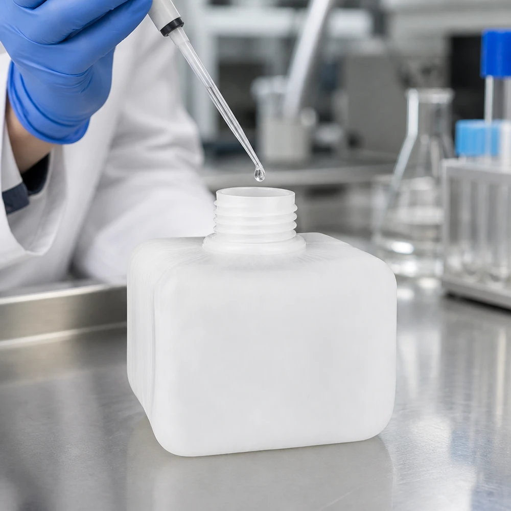 Flacon en PE-HD de 250 ml, de forme carrée, à col étroit GL28, peu encombrant, destiné aux applications de laboratoire