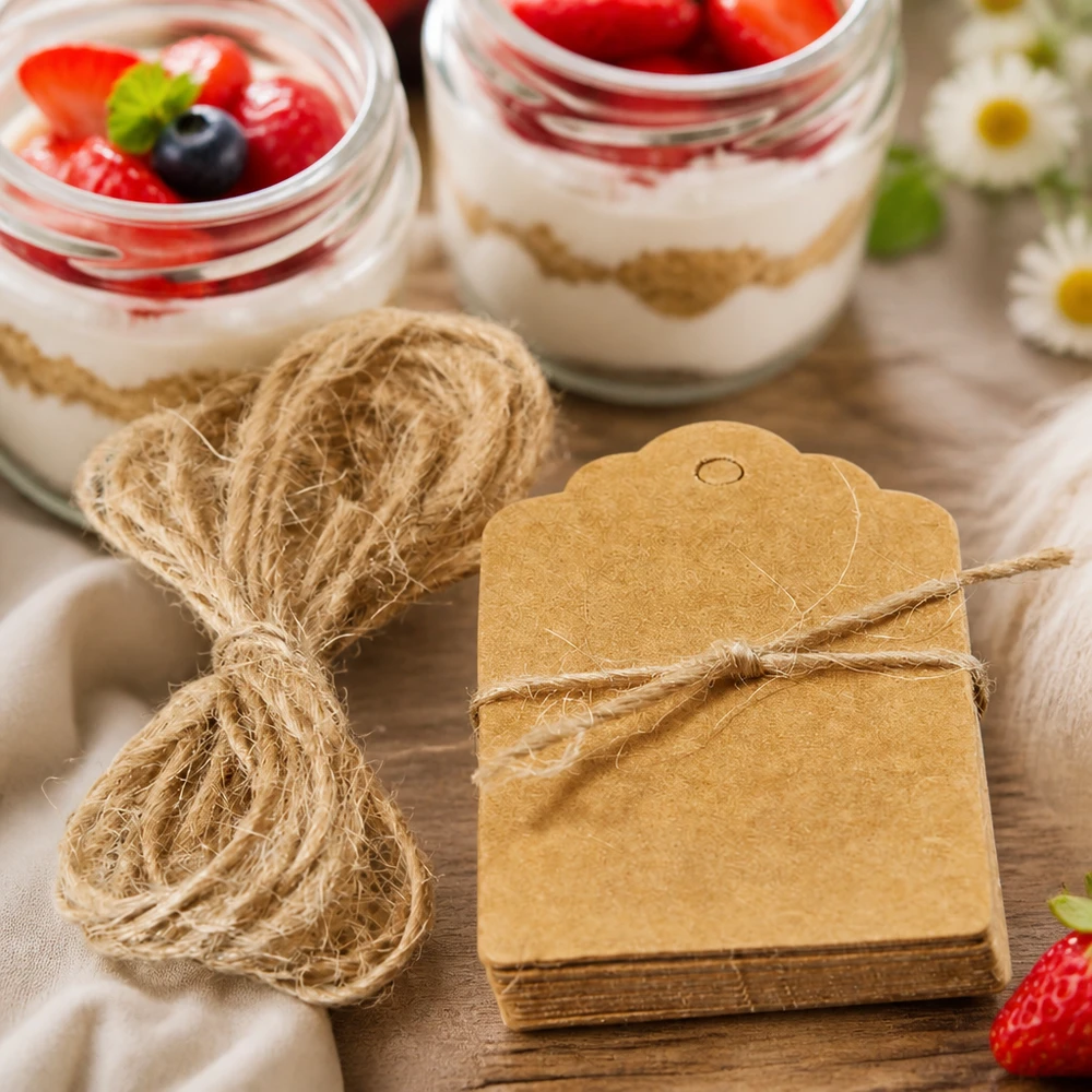 Ciondolo 30x50 mm con cordino (confezione da 10 pezzi) Cartellini di carta kraft marrone con cordoncino come decorazioni regalo accanto a bicchieri da dessert con bacche su un tavolo di legno