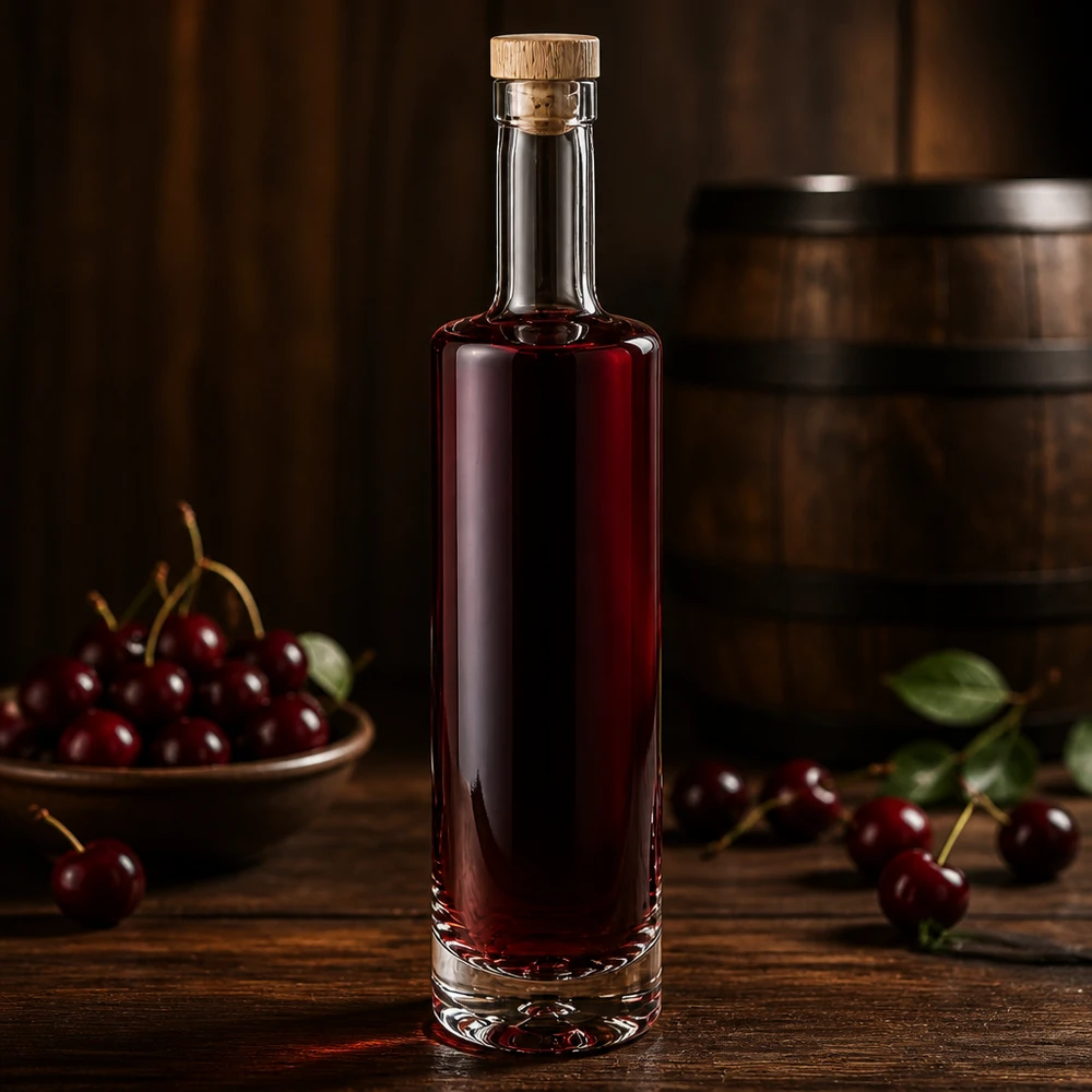 Bottiglia di vetro Lina da 500 ml con tappo in legno riempita di liquore alla ciliegia tra ciliegie fresche Decorazione da tavolo in legno rustico