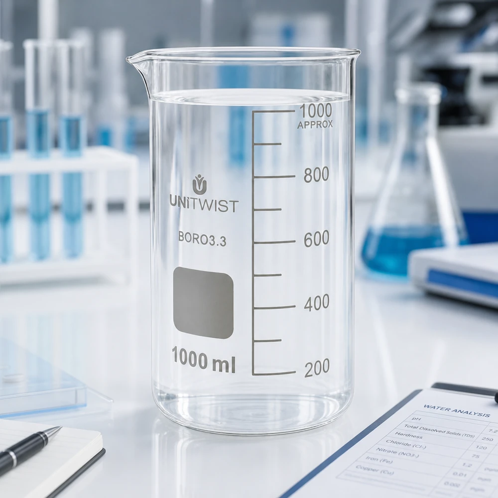 Bicchiere 1000ml borosilicato, stampo alto UNITWIST Bicchiere UNITWIST da 1000 ml, forma alta, in borosilicato 3.3, con acqua limpida in un laboratorio professionale