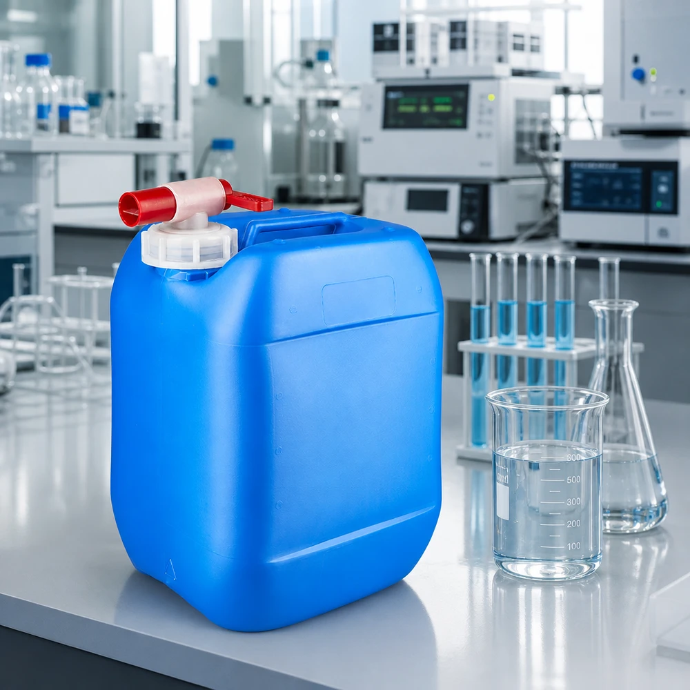 Bidon 10 litres bleu avec robinet Bidon bleu de 10 litres muni d'un robinet rouge, posé sur une paillasse de laboratoire à côté d'un bécher et d'un flacon d'Erlenmeyer