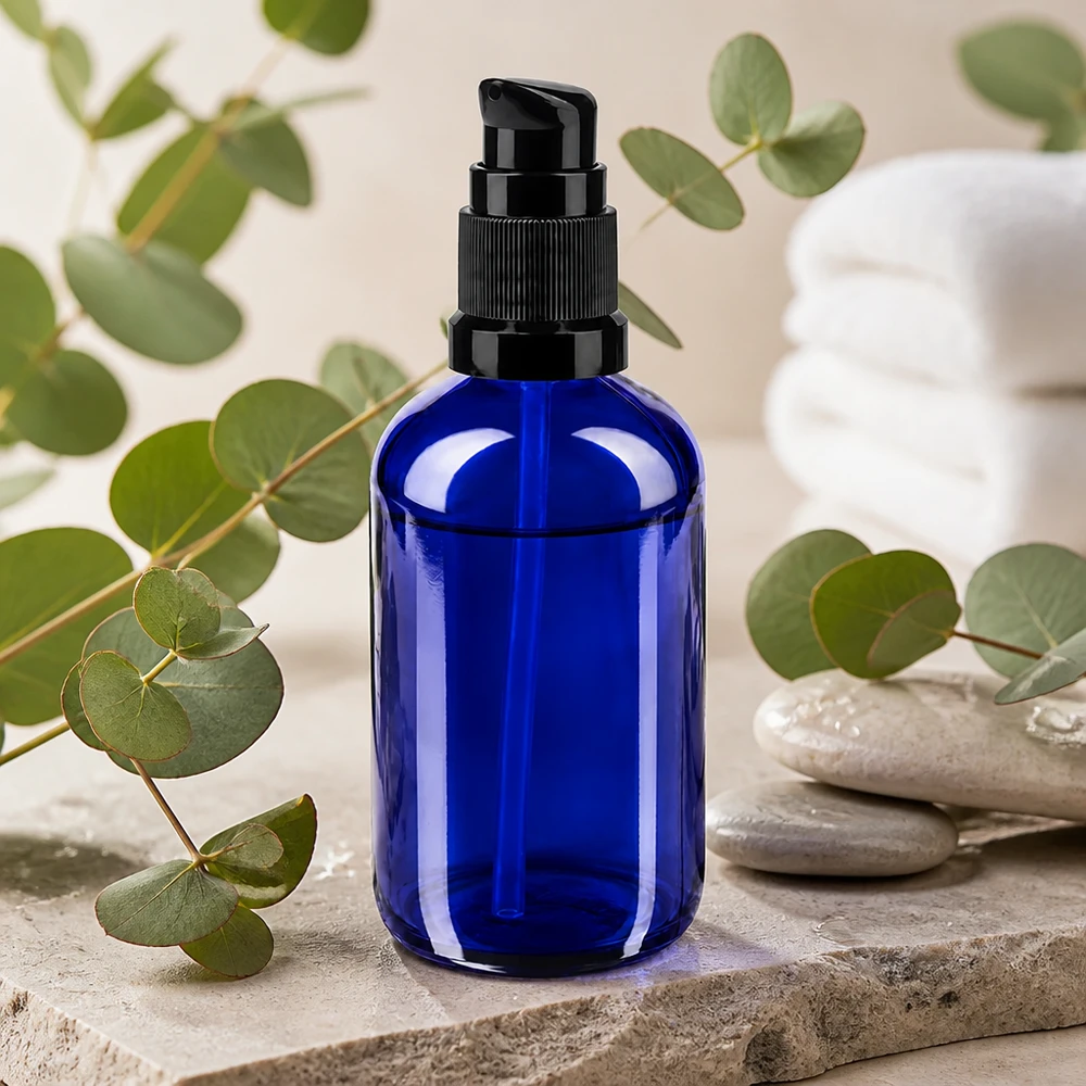 Apothekenflasche blau 100ml PumpVerschluss schwarz Standard Blaue Borosilikat-Pumpflasche 100ml mit mattschwarzem Dispenser für Seren und Naturkosmetik