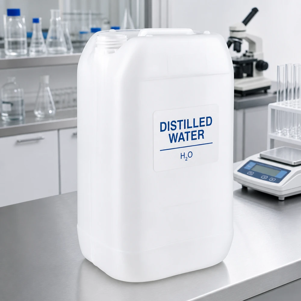 Jerrican de 15 litres sans bouchon Bidon rectangulaire de 15 litres sans bouchon, portant la mention « Eau distillée » dans un laboratoire