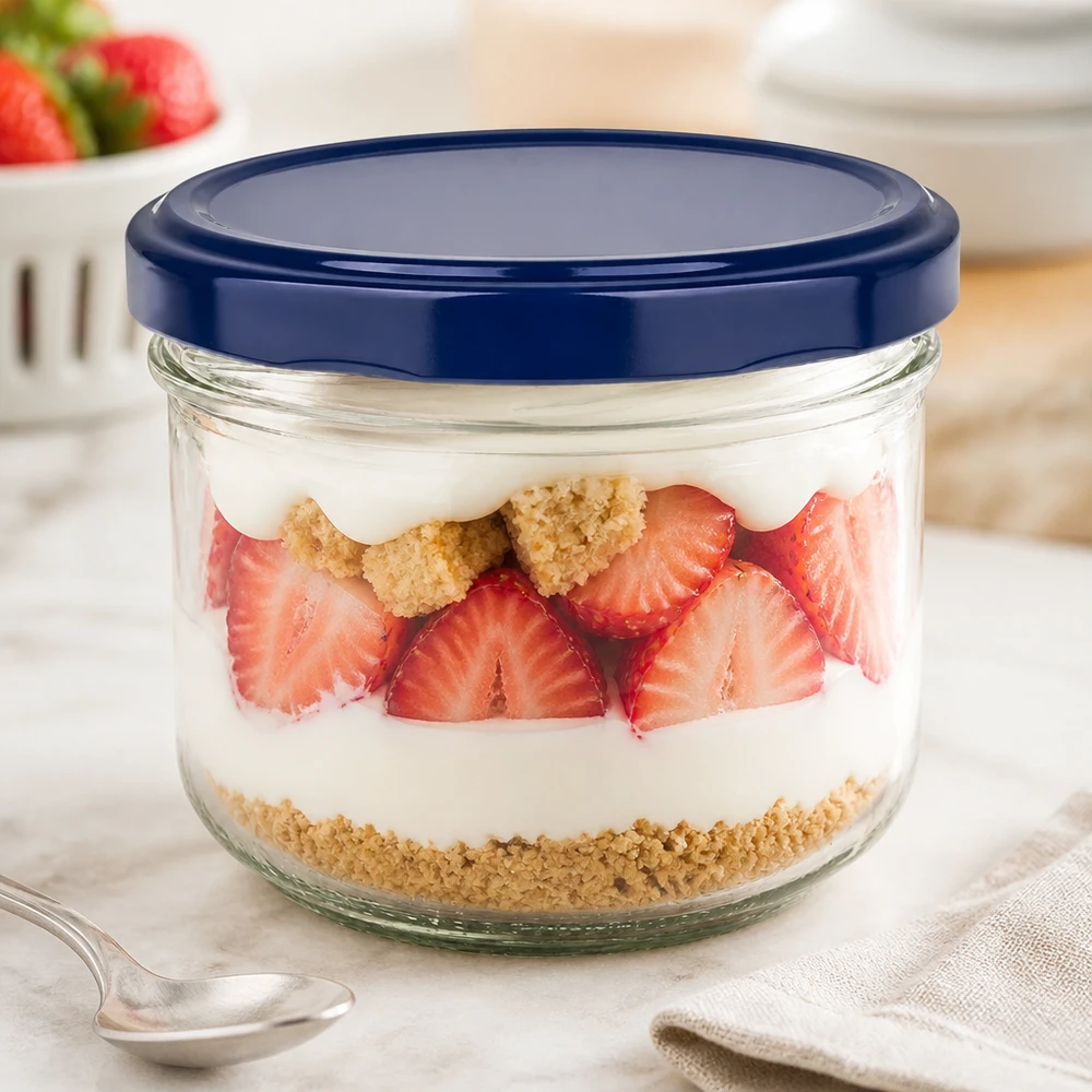 Bicchieri blu BasicSeal da 260 ml con stratificazione di dessert alla fragola - vasetto twist-off per dessert e yogurt