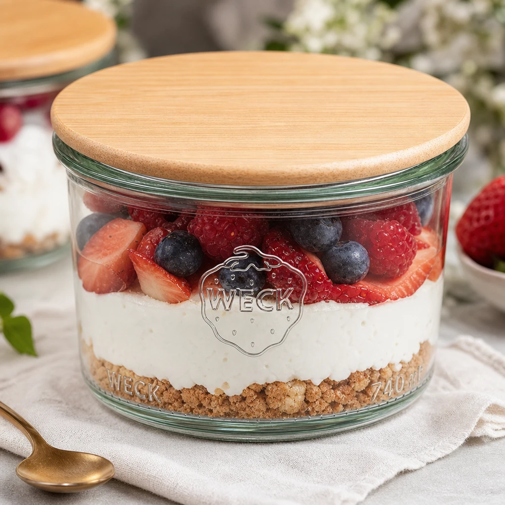 200ml Sturzglas WECK RR80 mit Holzdeckel WECK Sturzglas 200ml RR80 Holzdeckel gefüllt mit Schichtdessert Beeren Joghurt Keksboden Dessertstyling