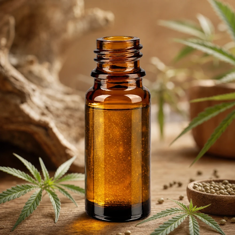 Flacone farmaceutico marrone da 10 ml ApoGlas Flacone da farmacia marrone da 10ml ApoGlas con estratto di cannabis e semi di canapa su sfondo rustico in legno