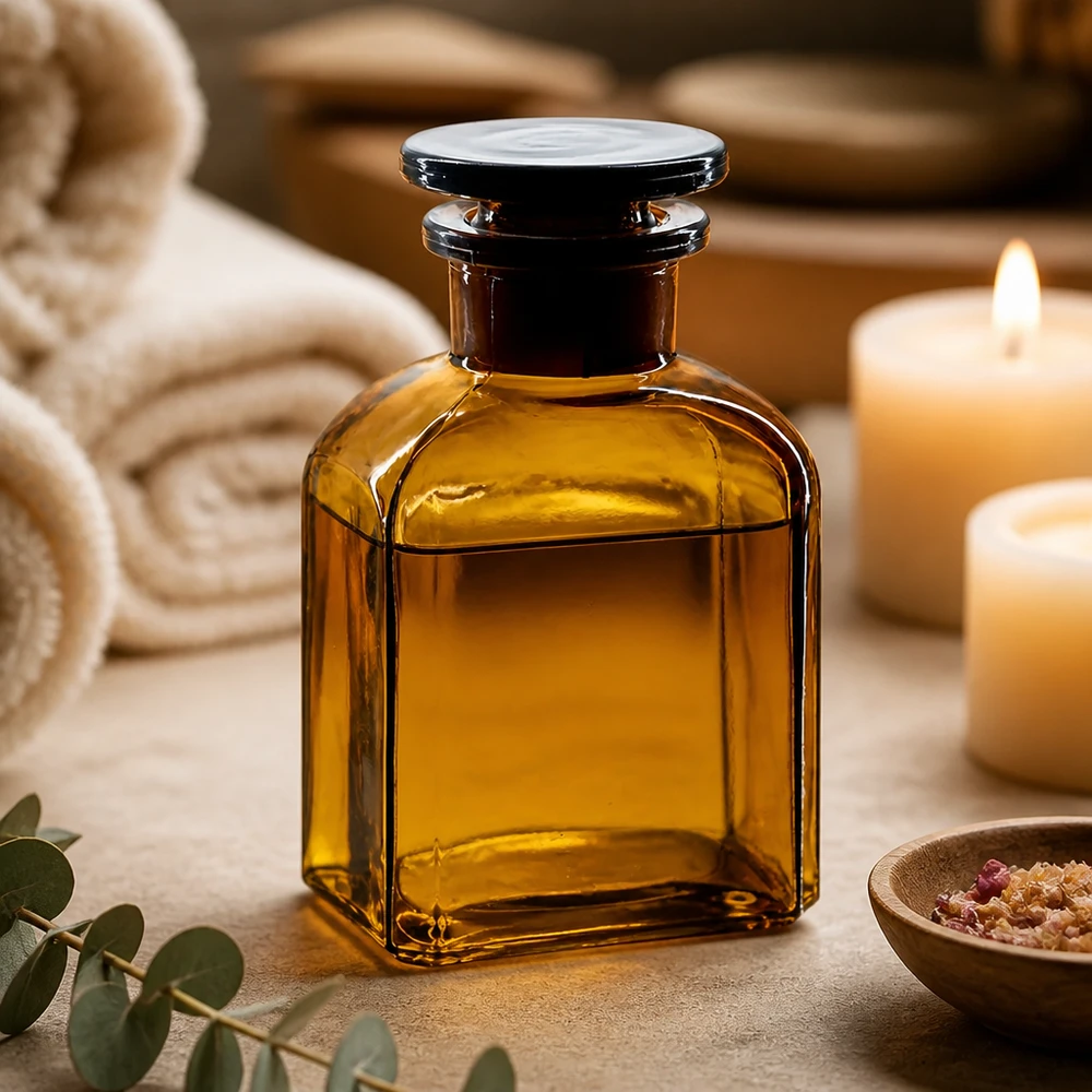 Flacone per aromaterapia da 150 ml in vetro ambrato con collo largo e tappo in vetro per oli essenziali
