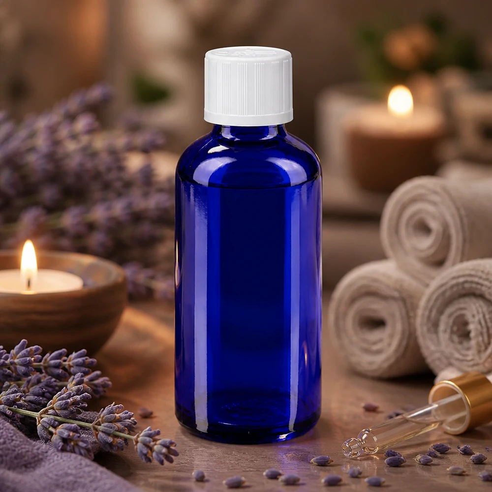 Apothekenflasche blau 50ml Schraubverschluss weiß Kindersicherung Standard Apothekerglasflasche kobaltblau 50ml Kindersicherheitsverschluss weiß für Naturkosmetik