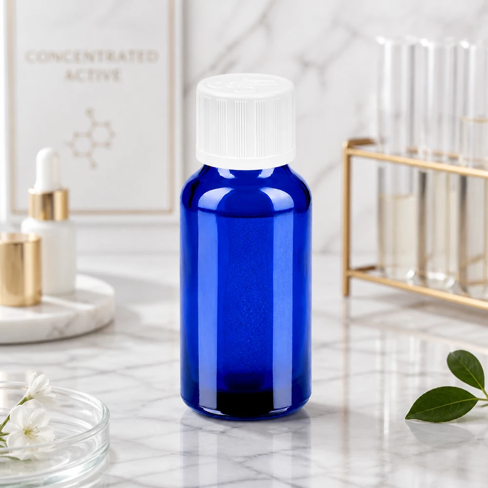20ml Flasche 11mm Schraubverschluss weiß Standard Kindersicherung BlueLine UT18/20 Elegante 20ml blaue Glasflasche mit weißem Schraubdeckel ideal für DIY Kosmetik und Seren