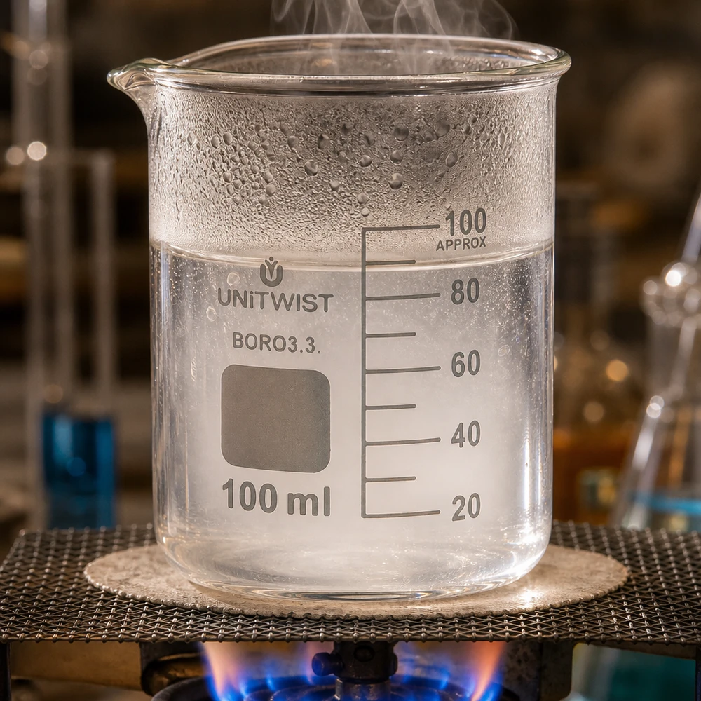 Bicchiere 100ml borosilicato, stampo basso UNiTWIST Il becher UNiTWIST da 100 ml in vetro borosilicato a forma bassa viene riscaldato sul becco Bunsen