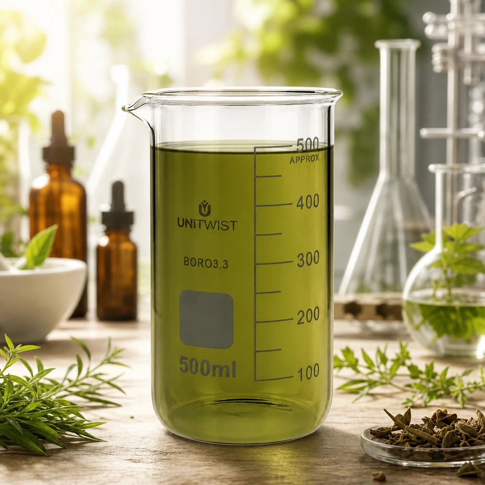 Bicchiere 500ml borosilicato, stampo alto UNITWIST Bicchiere UNITWIST da 500 ml, modello alto, con estratto vegetale verde circondato da erbe aromatiche fresche
