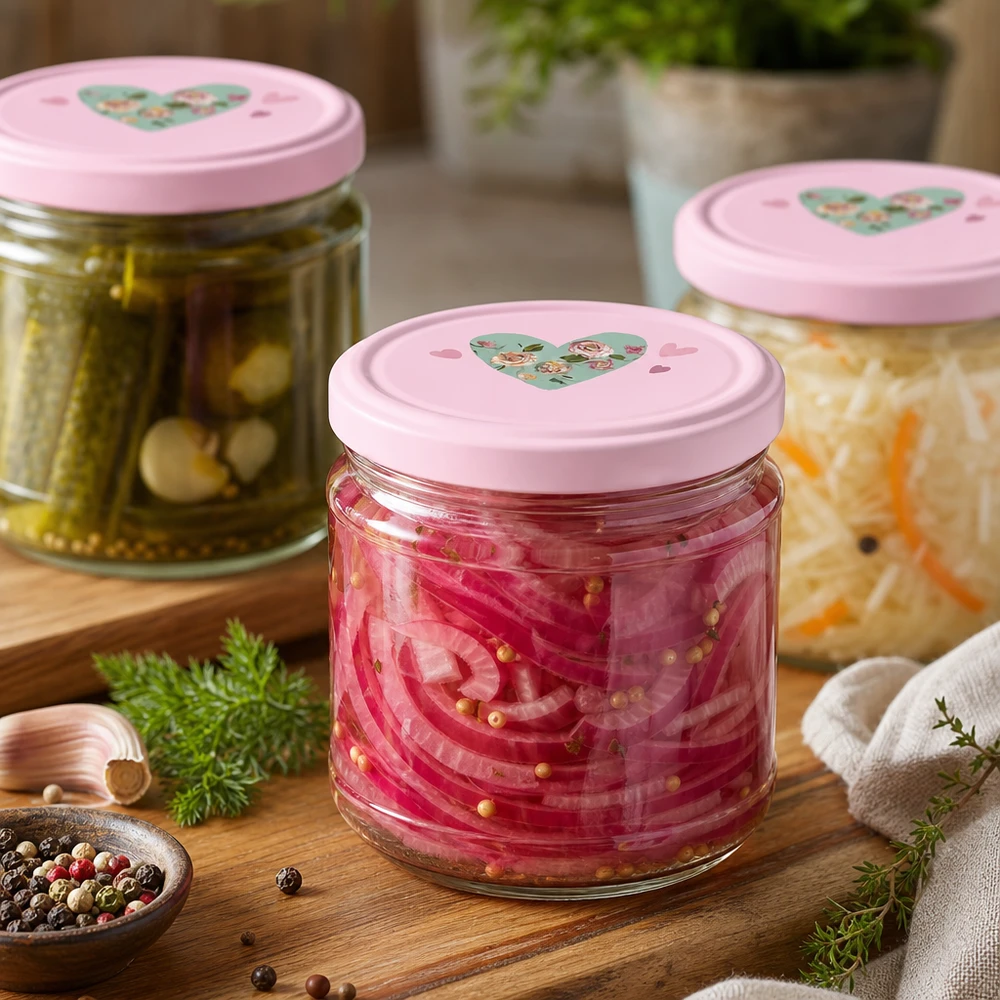 Barattoli rotondi da 330 ml con coperchi rosa a forma di cuore pieni di verdure e cetriolini sott'aceto sul tavolo di legno in cucina
