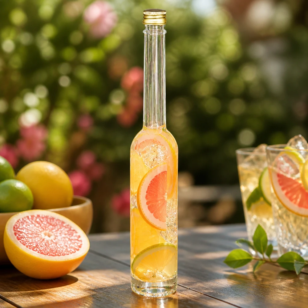 Bottiglia in vetro da 100 ml Toni con bevanda al pompelmo - tappo dorato UNiTWIST in un'atmosfera da giardino estivo con agrumi