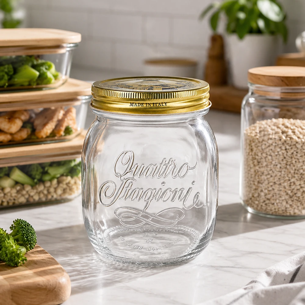 700ml Rundglas "Quattro Stagioni" mit Deckel Quattro Stagioni 700ml Rundglas leer in moderner Küche mit Meal-Prep Behältern und Vorratsgläsern Küchenorganisation