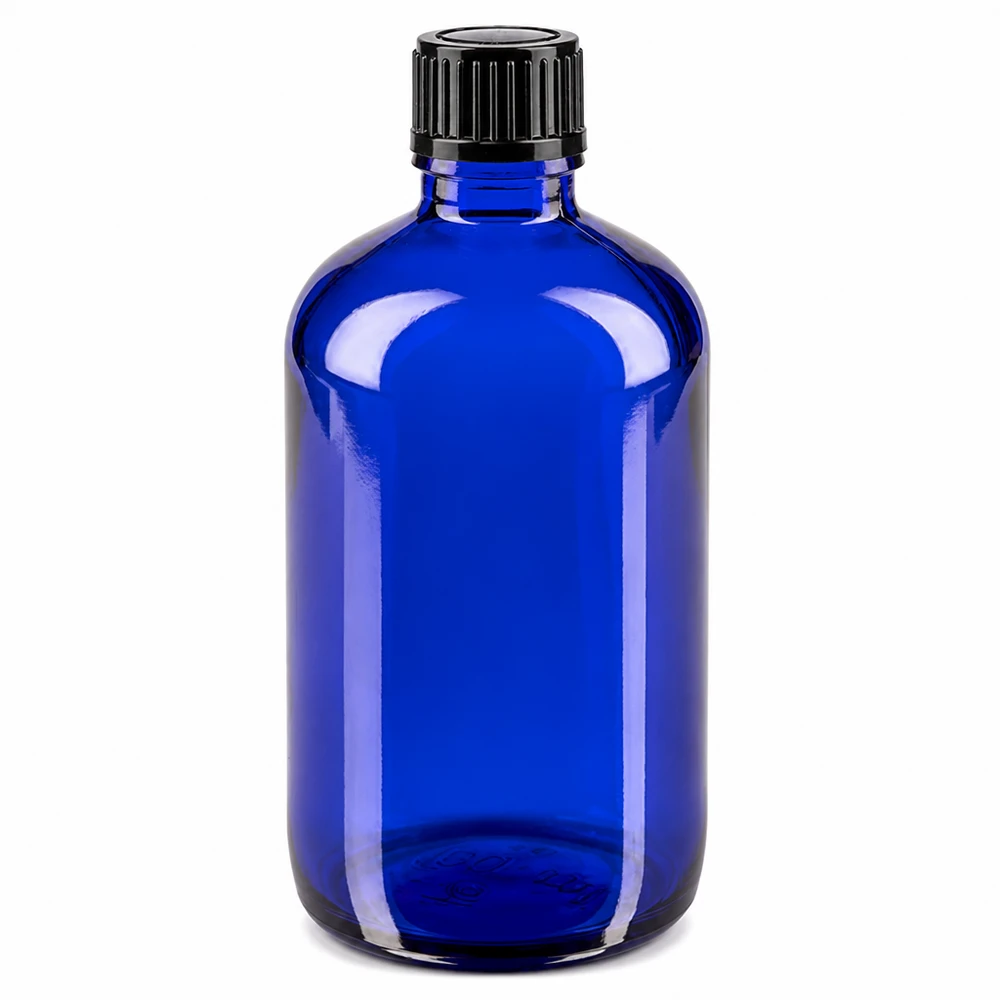 Blaue Medizinflasche aus Glas 100ml mit schwarzem Verschluss 11mm Öffnung