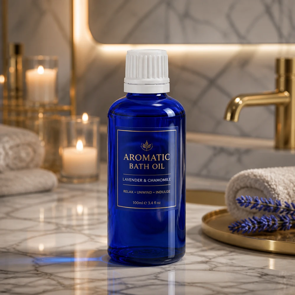 Flacon en verre bleu de 50 ml avec compte-gouttes blanc de 0,7 mm pour huiles de bain et produits de bien-être