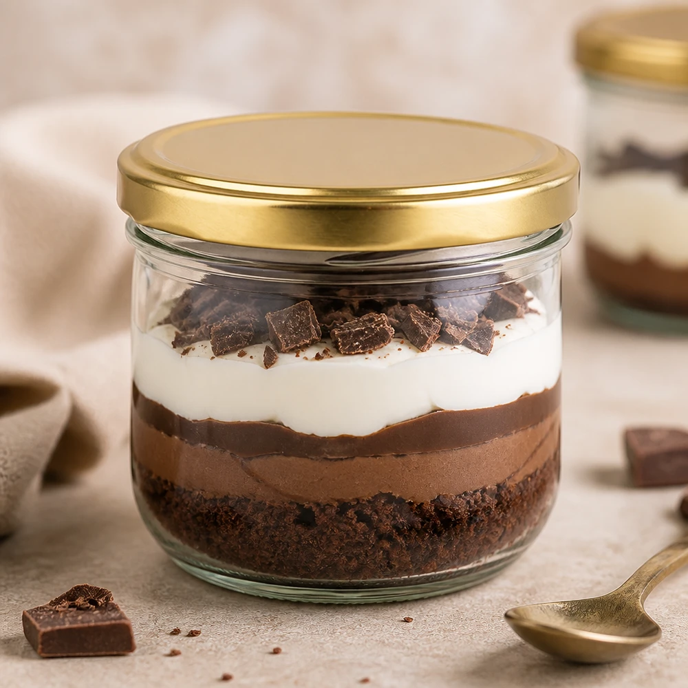 260ml Sturzglas mit BasicSeal Deckel gold UNiTWIST 260ml Sturzglas BasicSeal gold UNiTWIST mit Schokoladen-Dessert befüllt zeigt Eignung für süße Nachspeisen