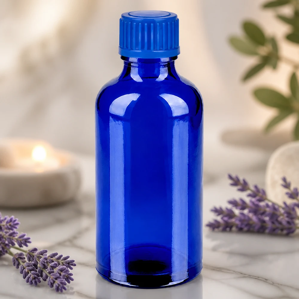 Robusto flacone in vetro da 50 ml di qualità farmaceutica con filtro UV blu per una lunga durata.