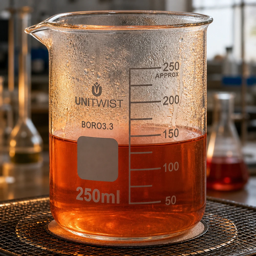 Bicchiere 250ml borosilicato, stampo basso UNiTWIST Bicchiere da laboratorio UNiTWIST da 250 ml in borosilicato, a forma bassa, contenente un liquido arancione su una griglia da laboratorio