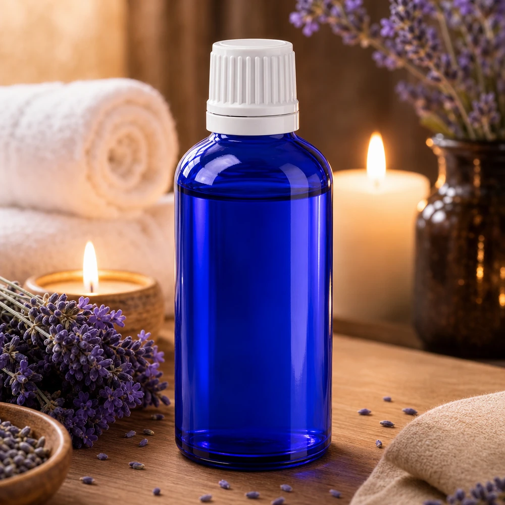 Flacon compte-gouttes bleu de 50 ml en verre d'apothicaire avec bouchon d'origine blanc pour huiles essentielles