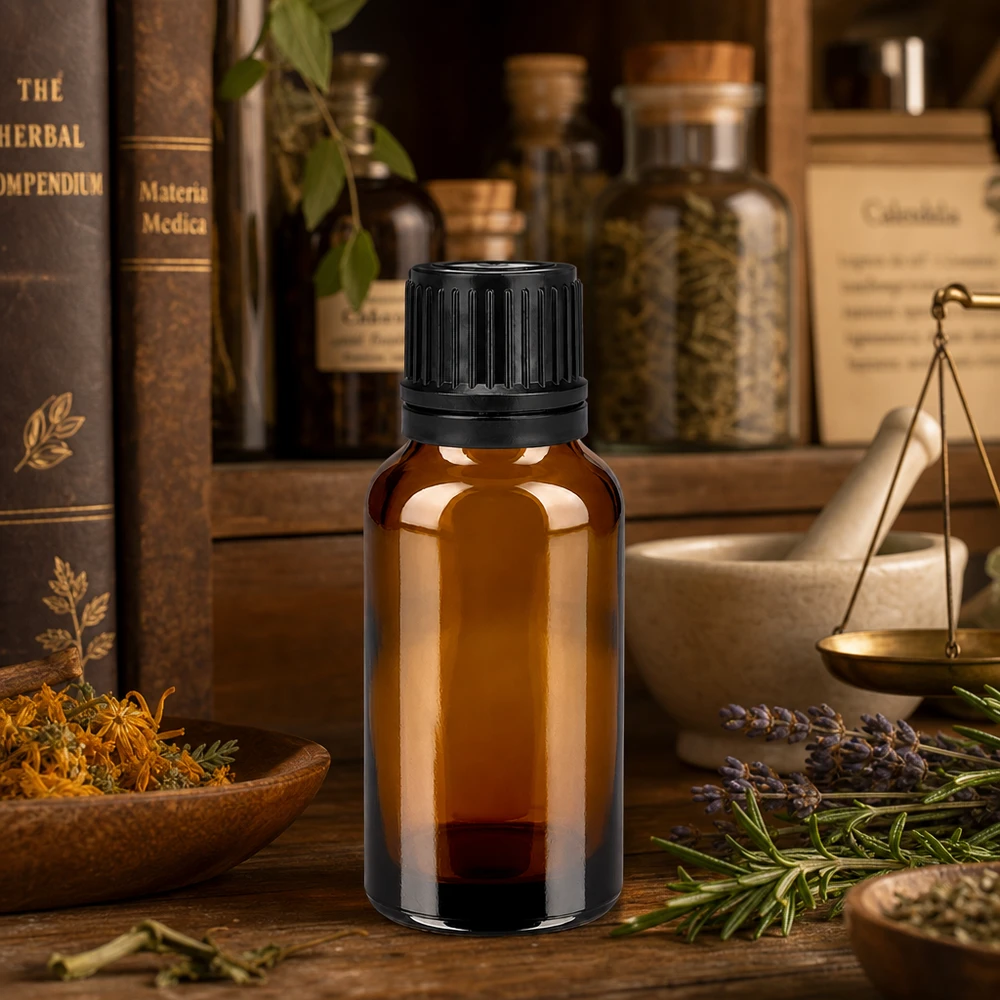 Pratico flacone in vetro ambrato da 20 ml con pratico tappo a vite per uso mobile