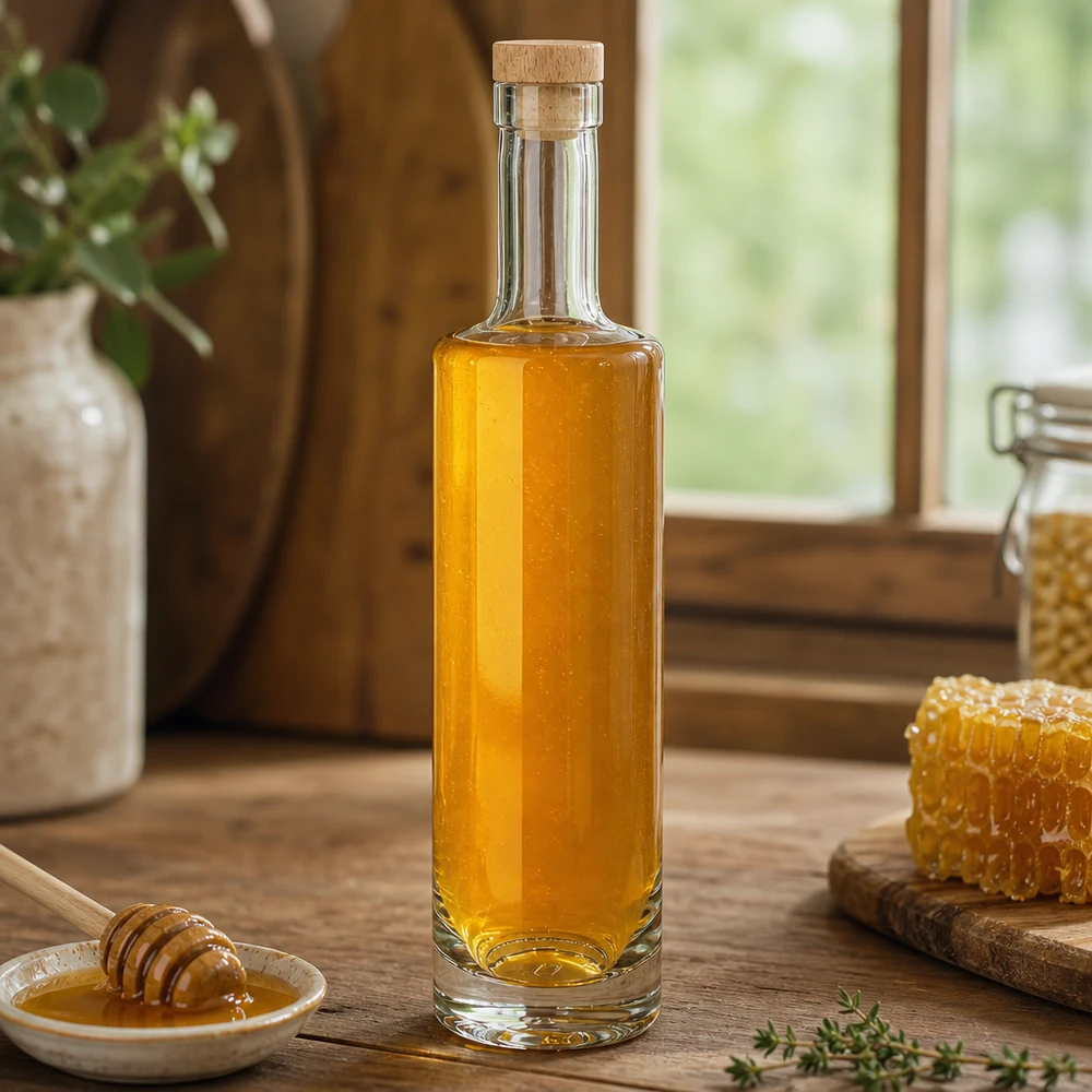 Bottiglia in vetro da 500 ml Lina con tappo in sughero con impugnatura in legno UNiTWIST® 500ml Glasflasche Lina mit Holzkorken gefüllt mit Honig neben Bienenwabe rustikale Landküche natürliche Zutaten
