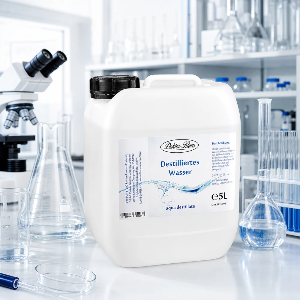 Acqua distillata Doktor-Klaus in tanica da 5 litri in ambiente di laboratorio sterile con microscopio e matraccio in vetro