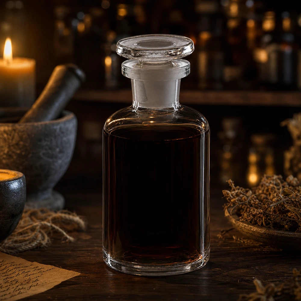 Fiaschetta da farmacia da 50 ml con contenuto scuro, tappo di vetro, collo stretto, spalle arrotondate, stile antico