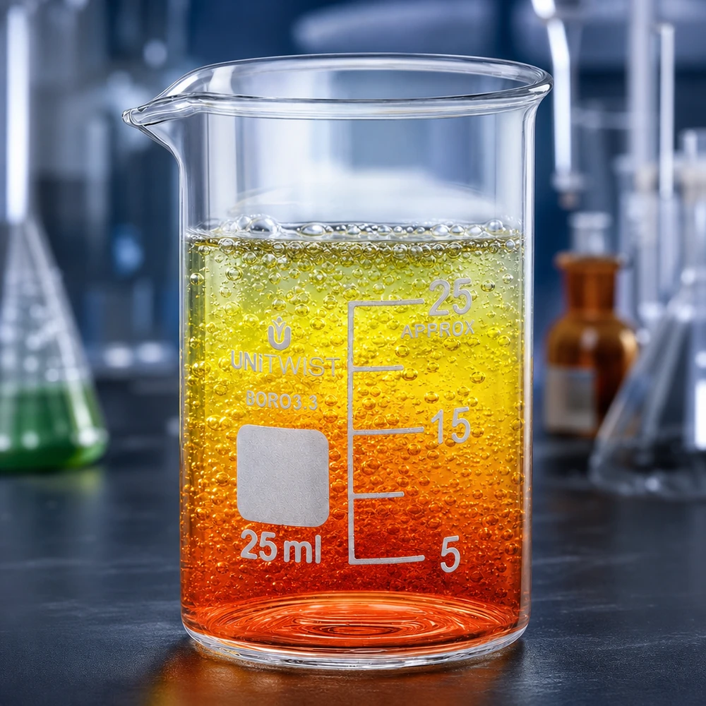 Bicchiere UNiTWIST da 25 ml, di forma bassa, con sfumatura di colore arancione-giallo e formazione di bolle