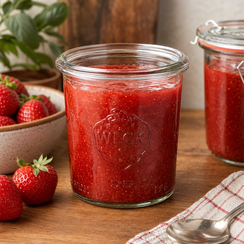 140ml WECK Sturzglas RR60 mit selbstgemachter Erdbeermarmelade gefüllt auf Holztisch mit frischen Erdbeeren
