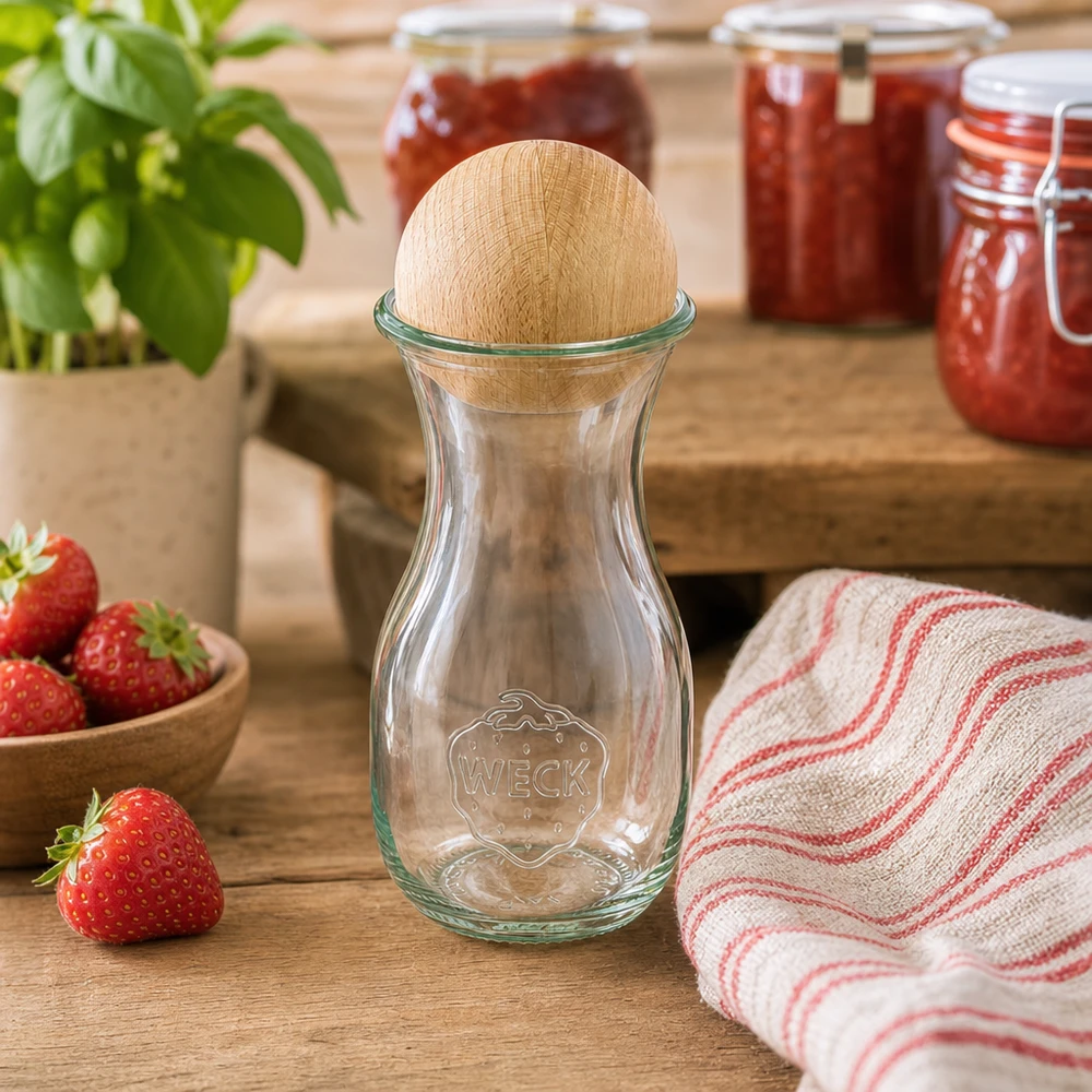 Bottiglia per succhi di frutta da 290 ml WECK RR60 con sfera in legno di faggio Bottiglia in vetro WECK 290ml RR60 con tappo a sfera in faggio in una cucina rustica accanto a fragole e barattoli di marmellata