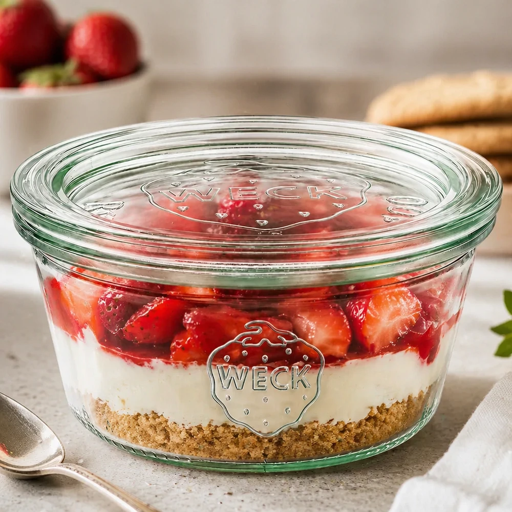 Bocal WECK RR100 de 290 ml, à bord évasé et couvercle en verre WECK Sturzglas 290ml RR100 mit Erdbeer-Schichtdessert gefüllt zeigt vielseitige Verwendung als Dessertglas mit Glasdecke