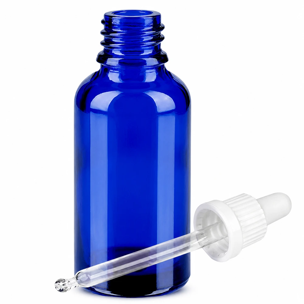Flacone in vetro di alta qualità da 30 ml con tappo contagocce per cosmetici e prodotti farmaceutici blu