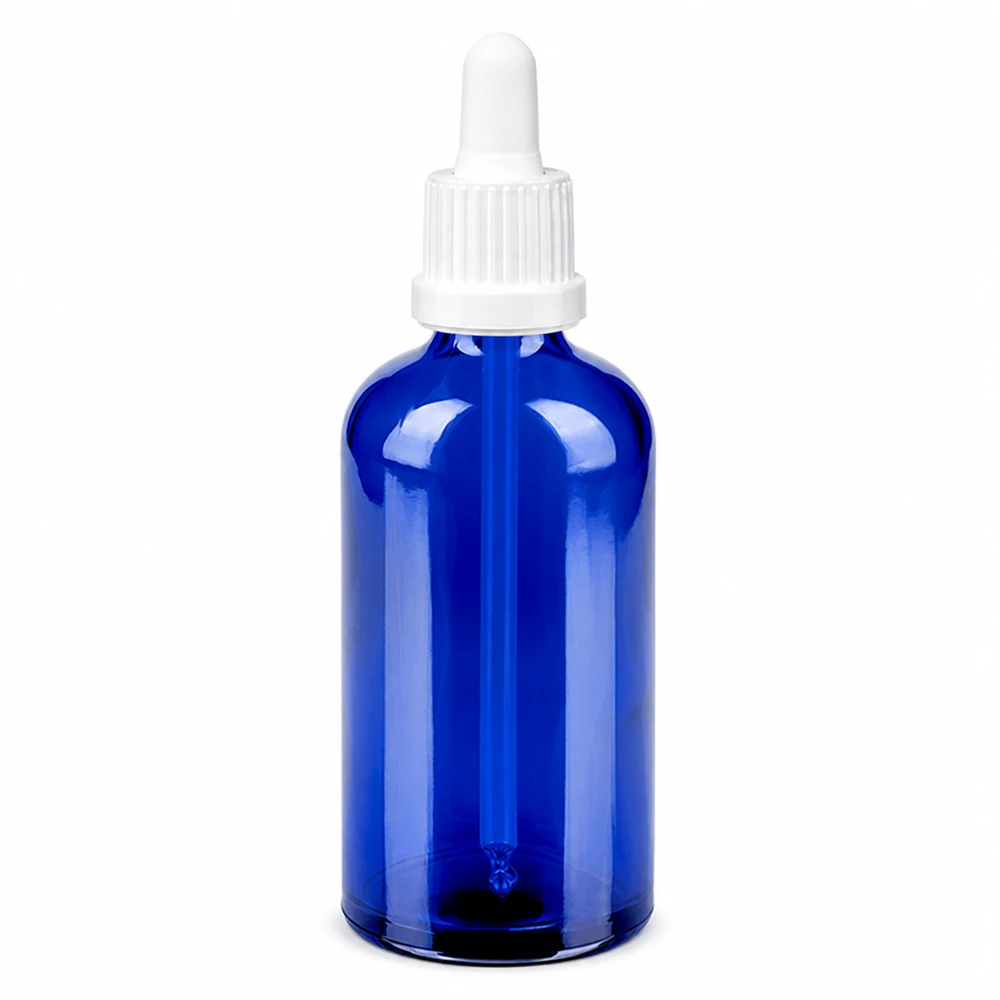 Flacon à pipette 100ml blanc OV BlueLine UT18/100 Flacon en verre anti-UV 100ml bleu avec pipette compte-gouttes précise pour laboratoire et pharmacie