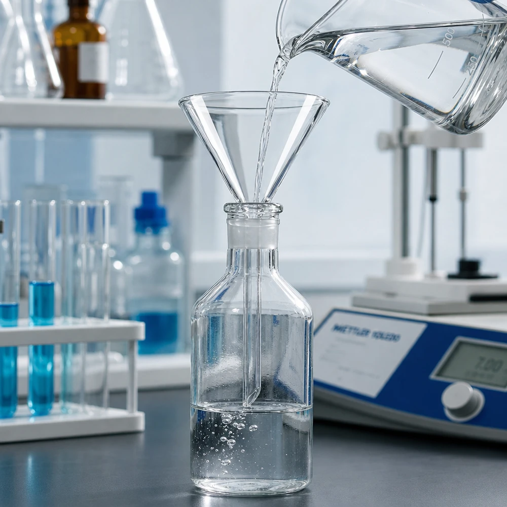 Imbuto in vetro da laboratorio 70 mm con angolo di 60 gradi in robusto vetro soda-calce per applicazioni chimiche