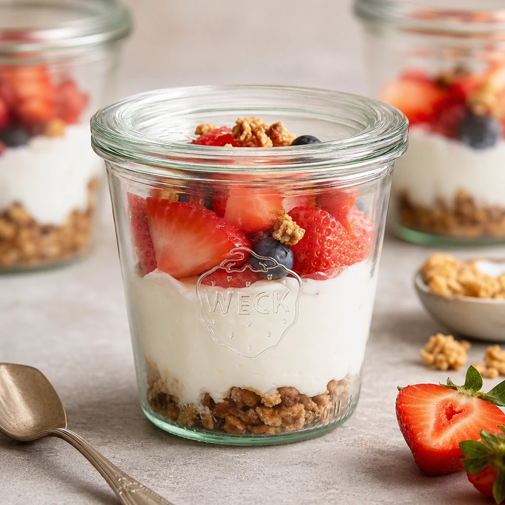 290ml Sturzglas hoch mit Glasdeckel WECK RR80 WECK Sturzglas 290ml RR80 mit Schichtdessert aus Joghurt Erdbeeren Blaubeeren und Walnüssen als Frühstücksidee