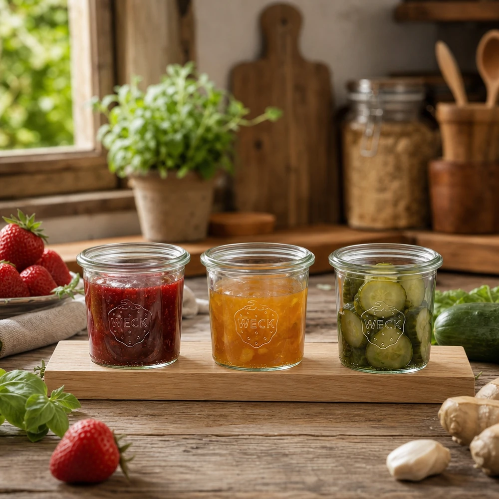 Tagliere Plano3 con 3 vasetti Weck da 140 ml Vasetti WECK 140ml su tagliere con marmellata e cetriolini sott'aceto in cucina rustica con erbe aromatiche