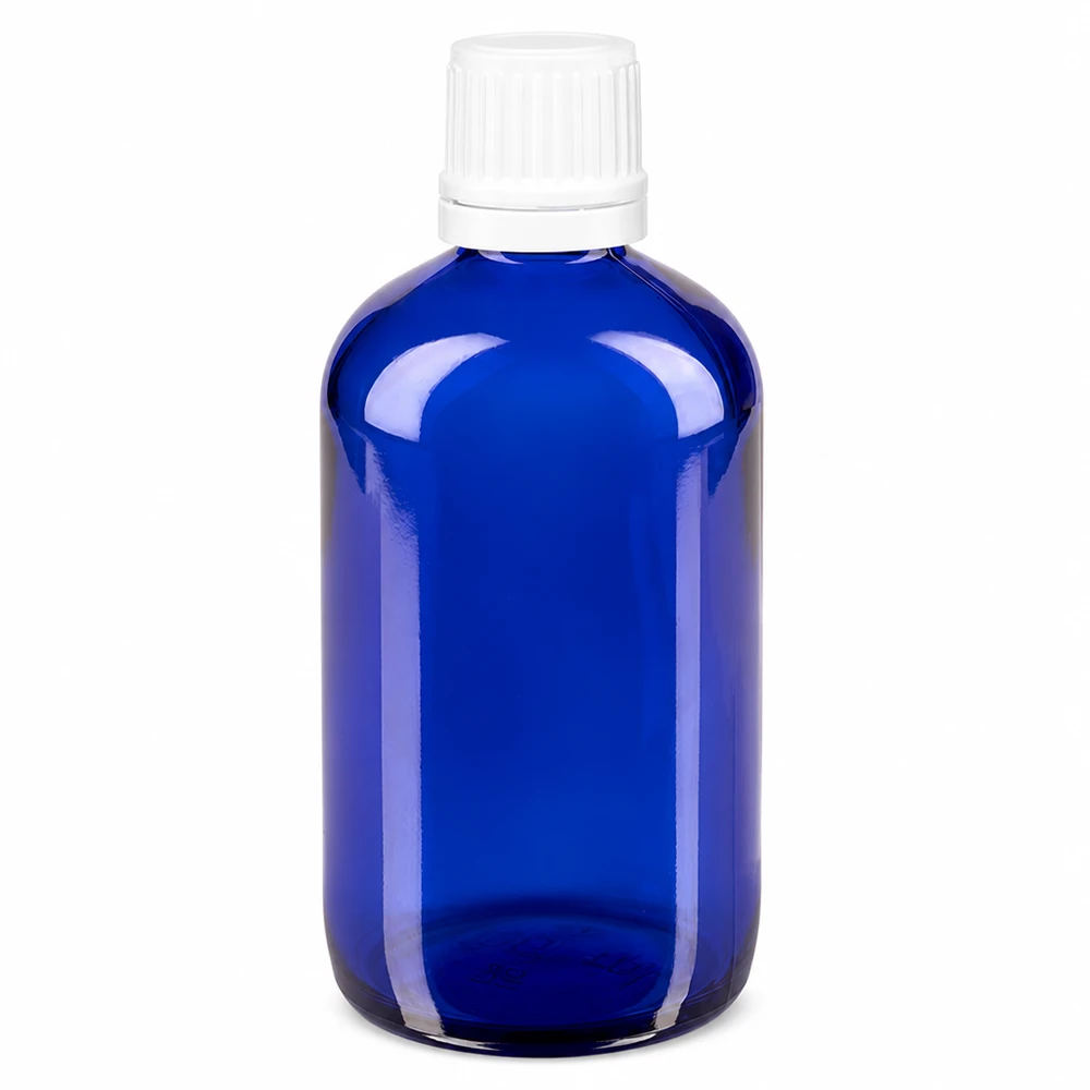 Apothekenflasche blau 100ml Schraubverschluss weiß Originalitätsverschluss Apothekerflasche blau 100ml Glas mit weißem Originalitätsverschluss ideal für Tropfen und Tinkturen