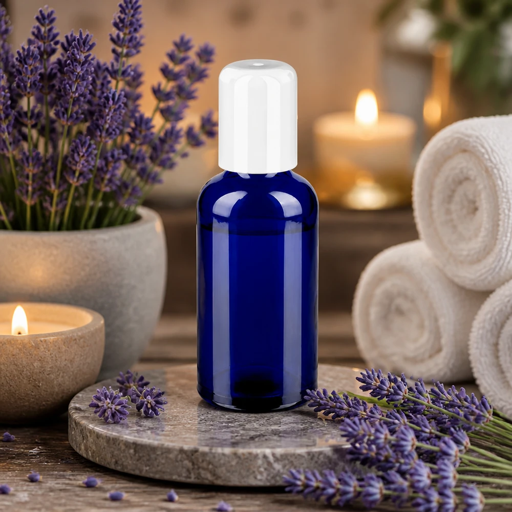 50ml Roll-On Flasche weiß Standardverschluss BlueLine UT18/50 BlueLine Roll-On Flasche 50ml aus UV-beständigem Glas perfekt für Lavendel- und Kräuteröle