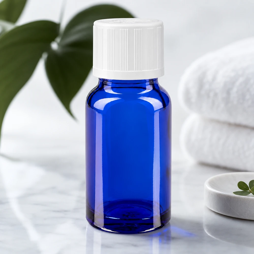 Apothekenflasche blau 10ml Tropfverschluss weiß Kindersicherung Standard UV-Schutzglas blau 10ml mit weißem kindersicherem Verschluss für ätherische Öle