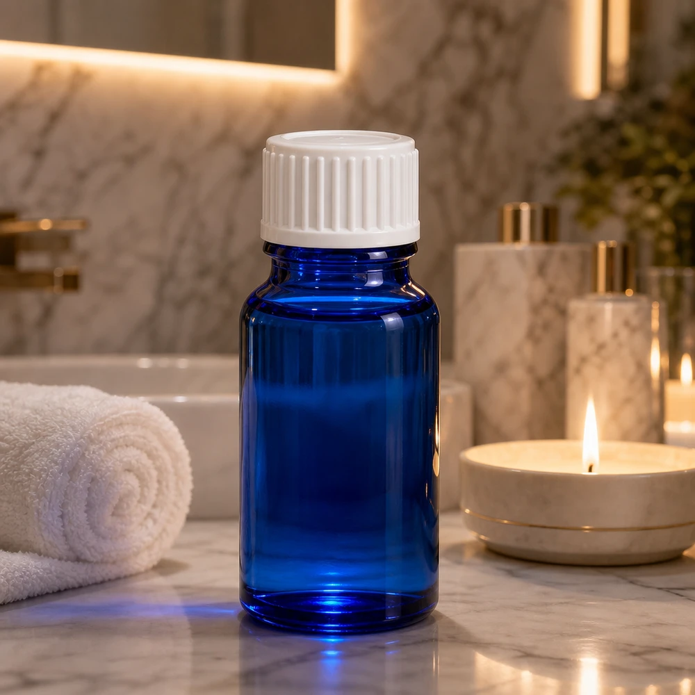 Apothekenflasche blau 10ml Schraubverschluss weiß Standard Kompakte blaue Glasflasche 10ml mit kindersicherem weißem Verschluss für Kosmetik und Öle