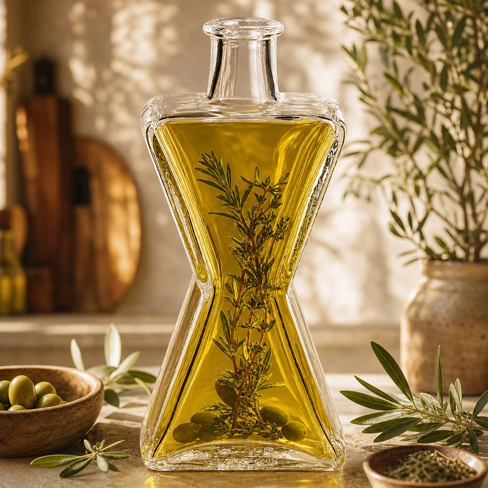 Glasflasche Star 200ml gefüllt mit Olivenöl und Kräutern in mediteraner Küche als Dekorationsflasche