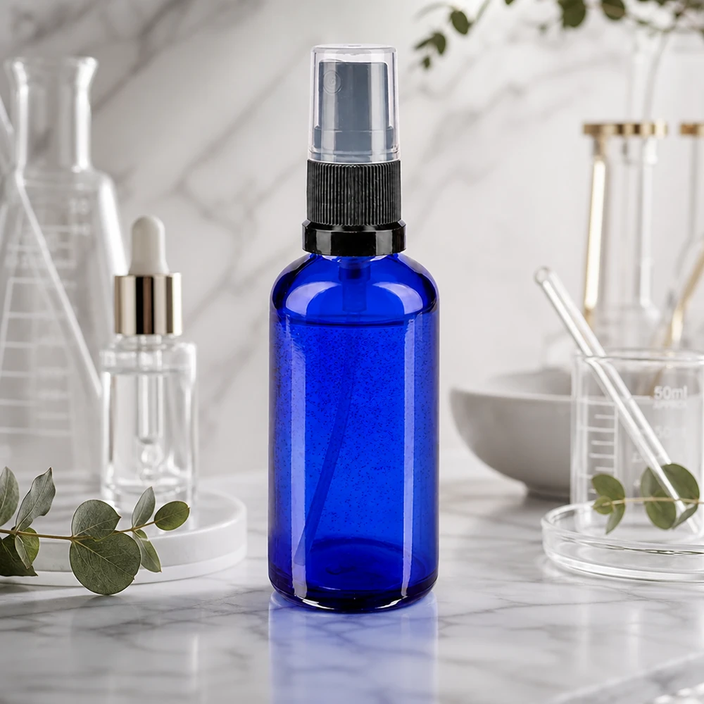 Nachfüllbare 50ml Glassprühflasche Blau mit schwarzem Schraubzerstäuber Standard-Apothekenglas