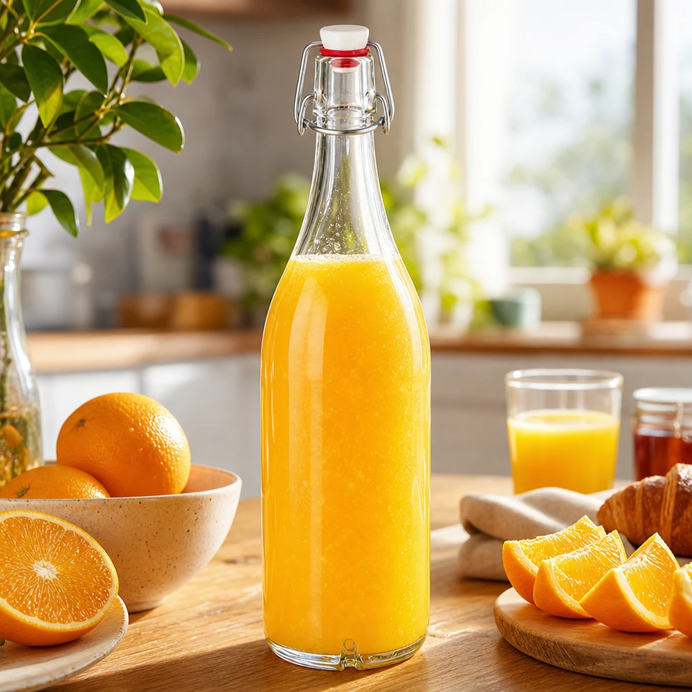 Bottiglia di vetro da 1000ml + piano oscillante in porcellana UN. Bottiglia di vetro da 1000 ml con tappo oscillante riempita di succo d'arancia fresco accanto alle arance sul tavolo della cucina