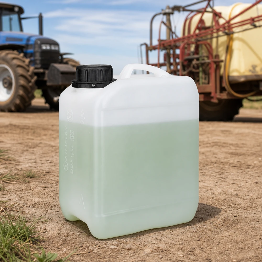 Bidon de 2.5 litres avec bouchon vissable bouchon d'inviolabilité Bidon agricole de 2,5 litres, blanc, contenant un liquide verdâtre et muni d'un bouchon à vis noir, utilisé sur le terrain