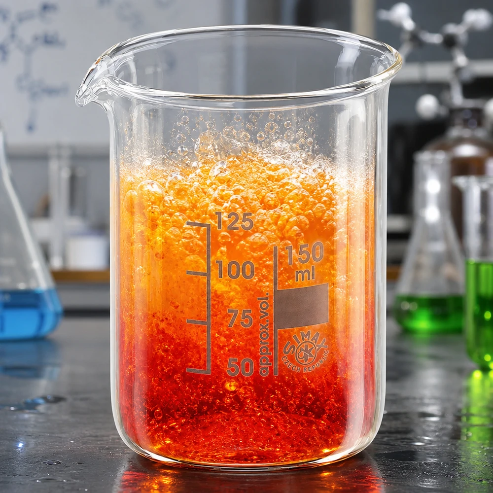 Becher 150ml in vetro borosilicato, forma bassa Bicchiere di qualità da laboratorio da 150 ml di forma bassa con soluzione di reazione rosso-arancio e scala millilitrica chiara