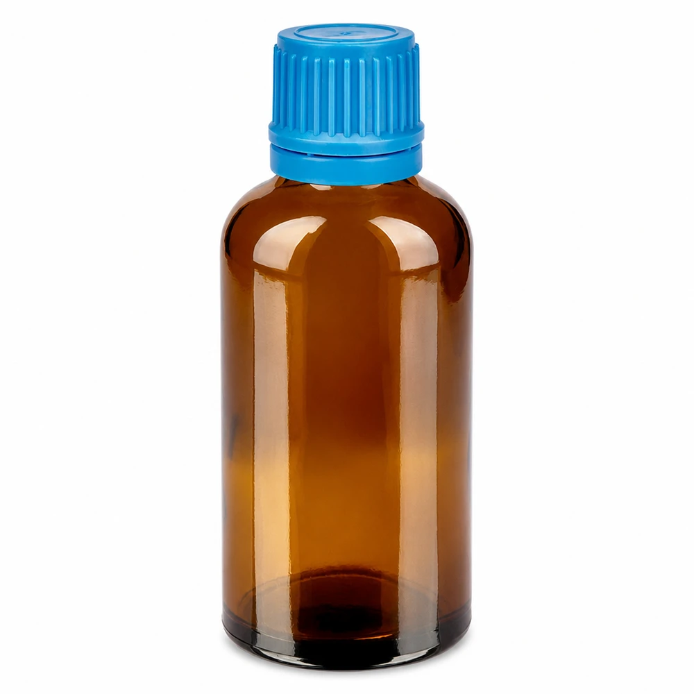 50ml Flasche 11mm Schraubverschluss blau Originalitätsverschluss BrownLine UT18/50 Runde 50ml Braunglasflasche mit strukturiertem blauen Verschluss für präzise Dosierung