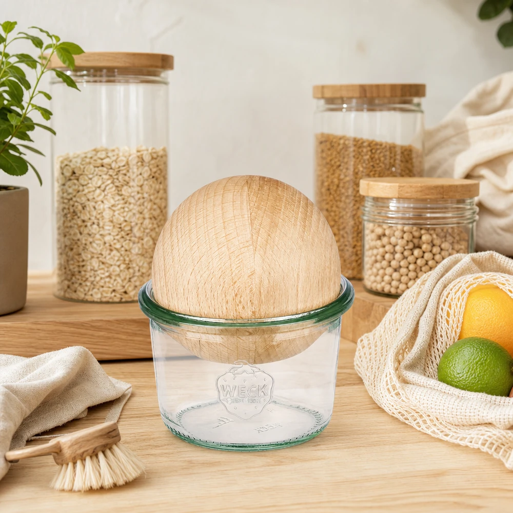 80ml Sturzglas WECK RR60 mit Holzkugel Buche WECK Sturzglas 80ml RR60 mit Buchenholzkugel in nachhaltiger Zero-Waste-Küche mit Vorrätsgläsern und Jutebeutel